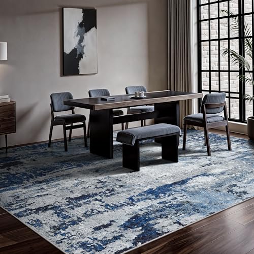 Ocean Blue 8x10 Abstract Modern Washable Rug - Non-Slip Low Pile Living Room Carpet