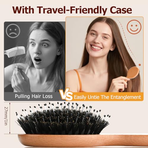 Mini Boar Bristle Travel Hair Brush 5.6 Inch for Women & Kids - Wooden Handle