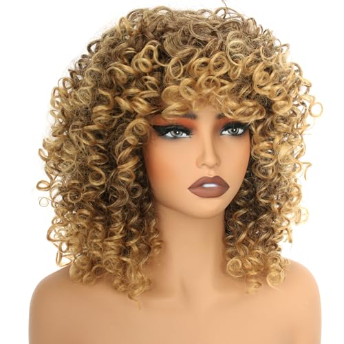 Blonde Mixed Brown Curly Afro Wig for Women 14in Short Kinky 70s Style with Bangs