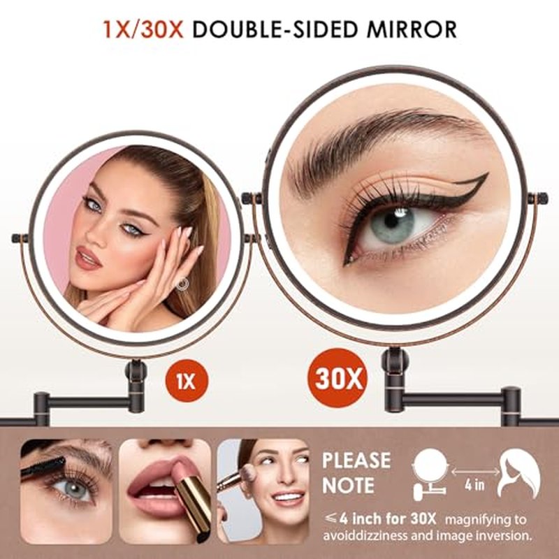 9" Wall Mounted Lighted Makeup Mirror,4000mAh Rechargeable Double Sided 1X/30X Magnifying Mirror with Light,Touch Dimmable,Extended Arm 360 Rotation Wall Mounted Makeup Mirror 3 Color Lights-Bronze