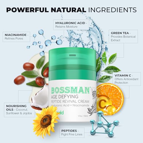 Bossman Peptide Revival Cream 1.7 oz - Emerald (Green Tea) Scent - Anti-Aging Face Moisturizer for Men & Women - Niacinamide & Hyaluronic Acid - Peptide Moisturizer for All Skin Types - Made in USA