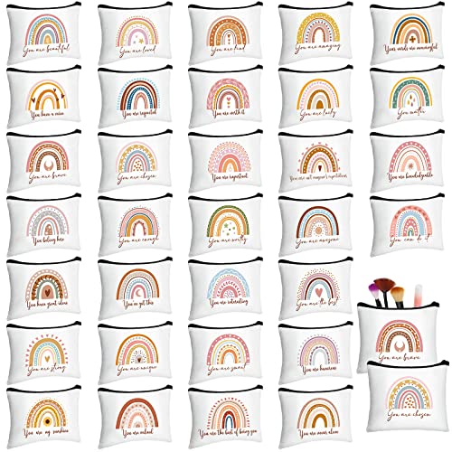 Pinkunn 32 Pcs Boho Canvas Makeup Bags Bulk Employee Appreciation Gifts for Women Inspirational Cosmetic Gifts Bags for Staff Team Pouch Travel Toiletry Pouch