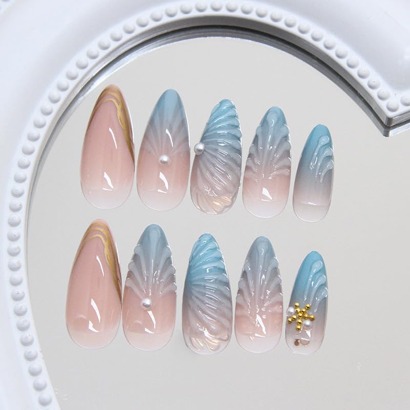 Blue Ocean Press on Nails Medium Almond Beach Starfish Sea Shell with Pearl Design 5D Embossed French Tip Artificial Acrylic Summer Fake Nails for Women Girls Finger Manicure Decorations 24Pcs