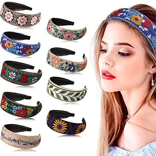 Boho Embroidered Headbands for Women - Floral Ethnic Wide Hair Accessories Set