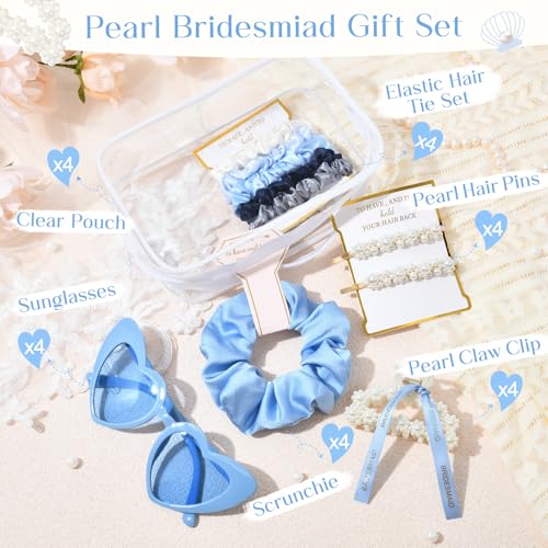 4 Sets Pearl Bridal Gift Set with Claw Clips Makeup Bag & Sunglasses - Blue
