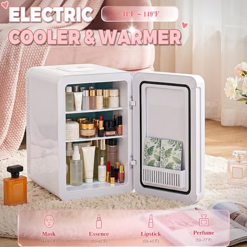 White 16L Skincare Fridge with LED Mirror & Dimmable Light – Small Makeup Cooler