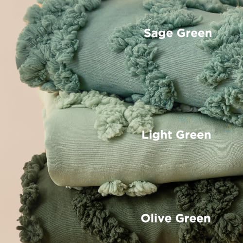 Boho King Duvet Cover Set - Olive Green Tufted Embroidery 3-Piece, Elegant Variation 02