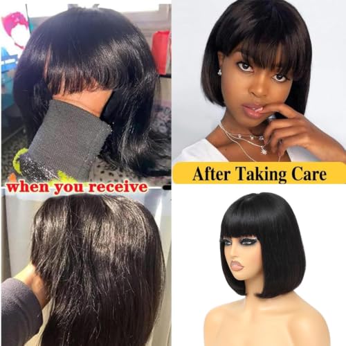 Black 10-Inch Human Hair Bob Wig with Bangs, Glueless Lace Cap, Straight Style - Variation of This Listing