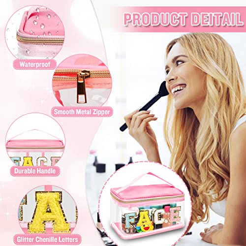 Clear Makeup & Hair Pouch Set - Pink & Green Chenille Letter Bags