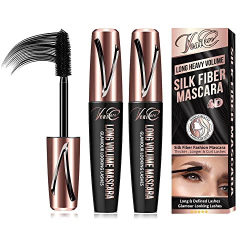 Venicare 4D Silk Fiber Lash Mascara Liquid Extension Makeup Eye Lash Kit Luxuriously Longer Thicker Voluminous Eyelashes Waterproof Smudge-proof Natural No Clumping Smudging Lasting All Day 2 Pack