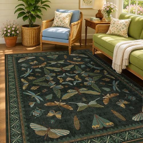 Hazo Haus 5'x7' Dark Green Fairy Insect Area Rug, Washable Non-Slip Carpet for Living Room & Bedroom
