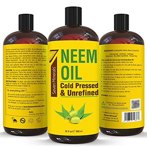 Pure Neem Oil for Skin Hair Plants - Cold Pressed Non-GMO 32oz Bottle