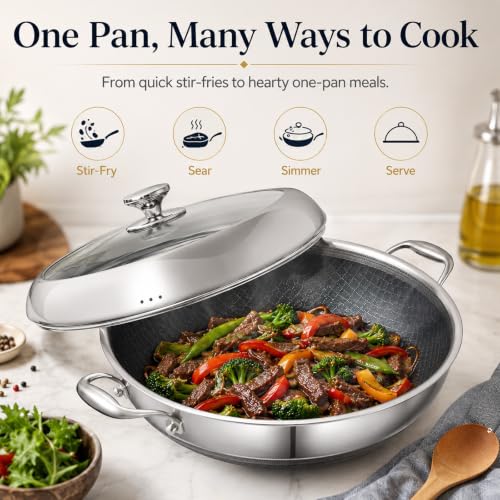 Black 14-Inch Tri-Ply Stainless Steel Wok Pan with Lid - DELARLO