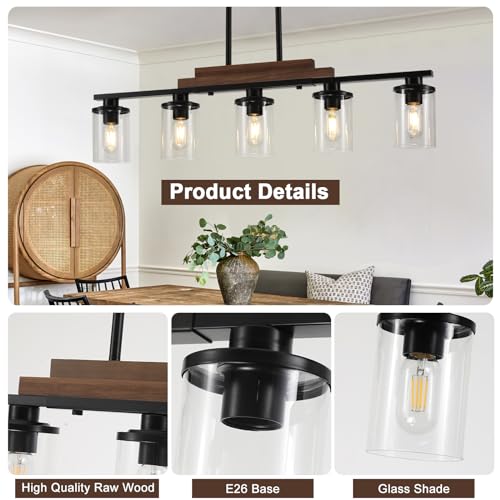 VbiTmn Farmhouse Black 5-Light Chandelier Dining Room Light Fixture - Adjustable Height
