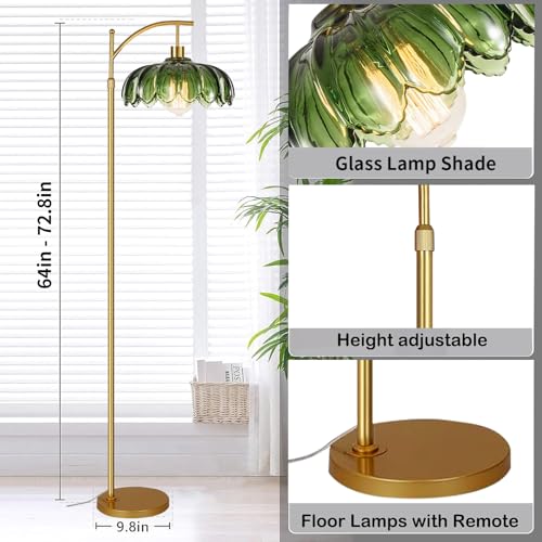 Green Glass Floor Lamp with Remote Control & Dimmable Features - Vintage Brass Standing Lamp, 65-70 Inches, Mid-Century Modern Design