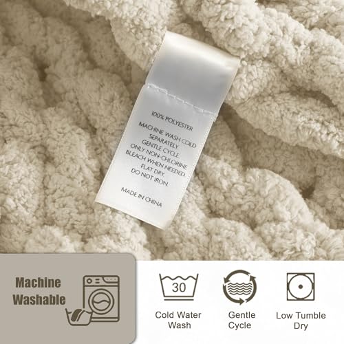 Beige Chunky Knit Throw Blanket 60x80 Inches - Handmade Chenille Bed & Couch Accessory