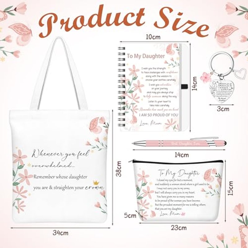5 Pcs Daughter Valentines Day Gifts Set, Inspirational to My Daughter Gift with Tote Bag, Makeup Bag, Notebook, Ballpoint Pen & Keychain Congratulations Graduation Wedding Gift from Mom Dad