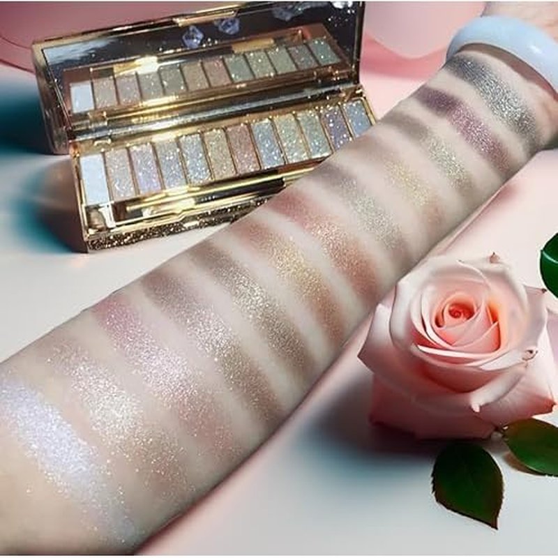 Glitter Eyeshadow Palette 12 Color Sparkle Waterproof Shimmer Make Up Palettes with Brush Mirror Highly Shining Pigmented Eyeshadow Palette for Date Party Dance Makeup (6# Daily Natural Color)
