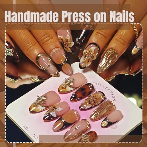 Handmade Acrylic Press On Nails Almond, Brown Press On Nails Medium, Flower 3D Nails French Tip Amber Gold Chrome For Women Gift, Reusable Stick On Fake Nails Kit With Nail Glue(Amber Bloom-S)