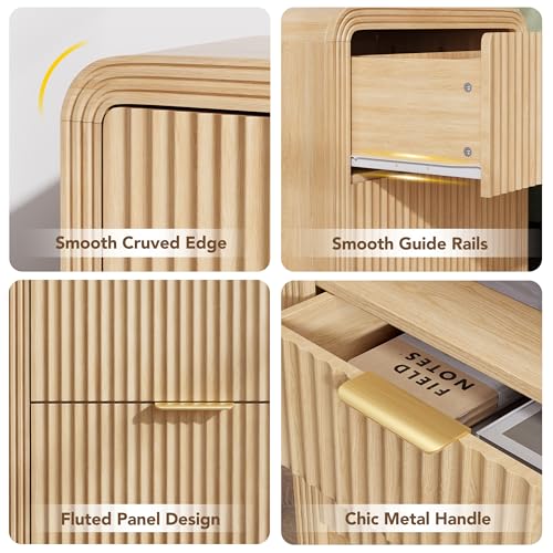 Oak Fluted Nightstand with Charging Station - 2 Drawers, 23-Inch Wide