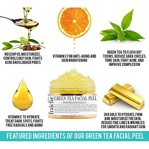 Live Fraiche 24k Gold Brightening Facial Peeling Gel Green Tea - 4.23oz -Secret Cure to Clogged Pores -Gentle Deep Exfoliator Key to Remove Dead Skin & Dirt for forever flawless clearer younger skin