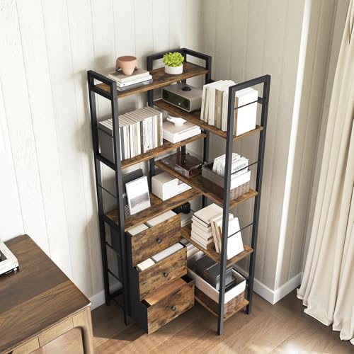 YATINEY Rustic Brown & Black Corner Bookshelf 7-Tier L-Shaped Storage Display