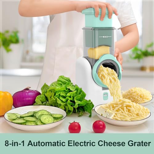 Upgraded 8-in-1 Electric Cheese Grater & Shredder - 8 Interchangeable Blades (2.2mm/4mm Cheese Blades) for Cheese, Vegetables, Fruits & Nuts