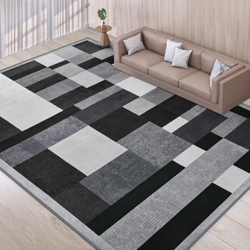 6x9 Black Geometric Area Rug - Modern Patchwork Washable Soft Carpet for Living Room & Bedroom