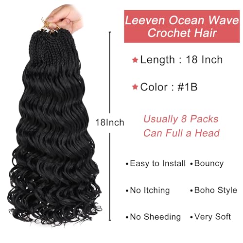 Pre Looped Ocean Wave Crochet Hair - 18 Inch Long Curly Synthetic Boho Style - 8 Packs Black - Variation #1B