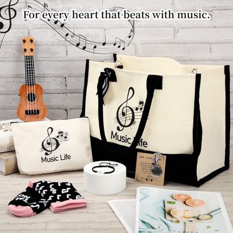 6 Pcs Music Theme Gifts for Women Canvas Tote Bag Cosmetic Pouch Crew Socks Bracelet Cards Keychains Musical Lovers Gifts Musicial Students Teachers Musicians Favors for Birthday