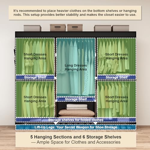 83-Inch Portable Wardrobe Closet with Dust Cover, 5 Hanging Rods & 6 Shelves, Black