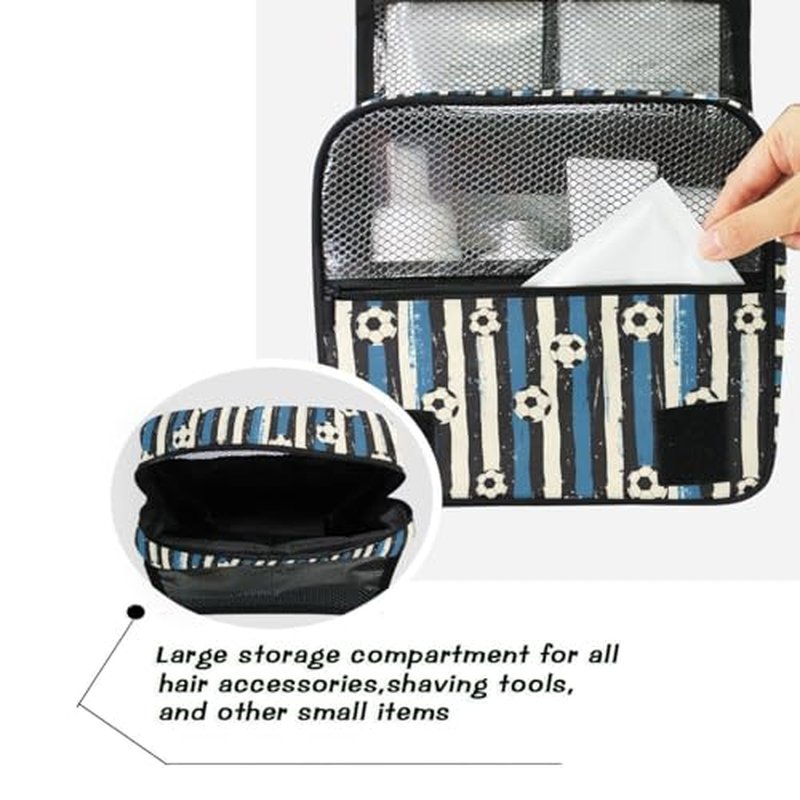 Hanging Travel Toiletry Bag Blue Black Stripes Soccer Balls Kit Makeup Case Cosmetics Organizer for Men Women