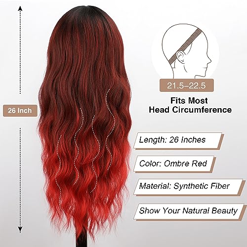 Ombre Red Wavy Wig with Bangs - 26 Inch Synthetic Long Hair for Women
