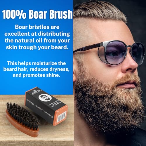 Gents Wood Small Travel Beard Brush - Natural Boar Bristles with Wooden Grooved Handle Mini Size Portable (Small, 3, Count)