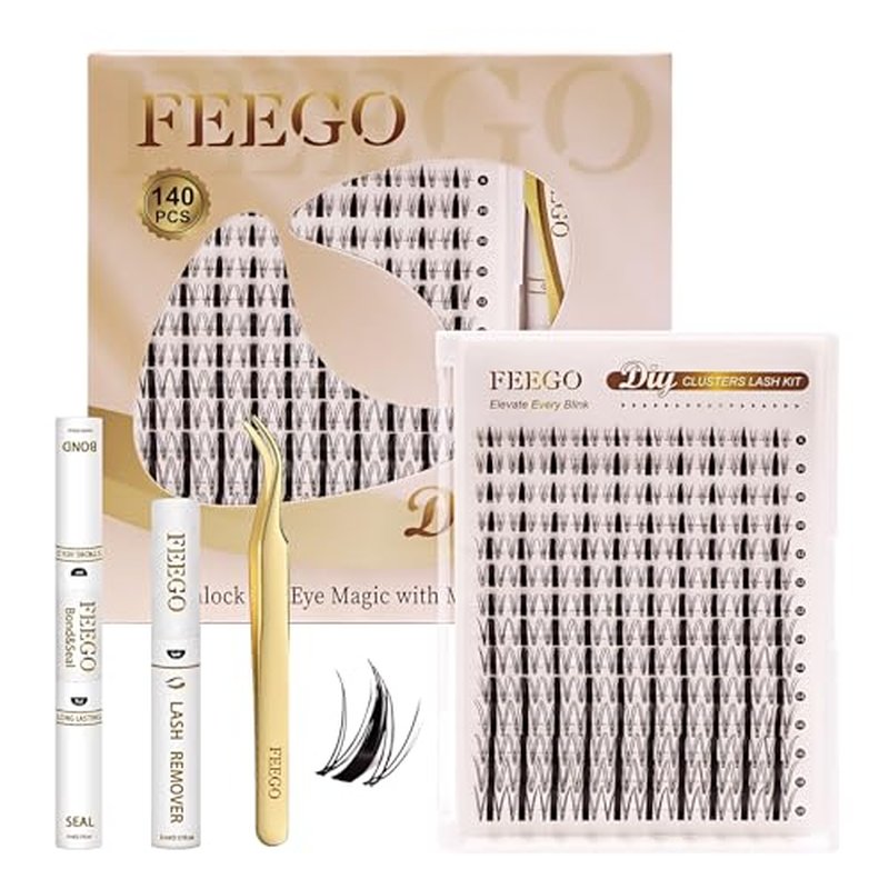 FEEGO Natural Lash Extension Kit 168Pcs Lash Clusters Kit Wispy Eyelash Extensions Individual Lashes Extensions with Bond and Seal Lash Glue and Eyelash Extension Tweezers DIY (MAGIC GIRL KIT A)