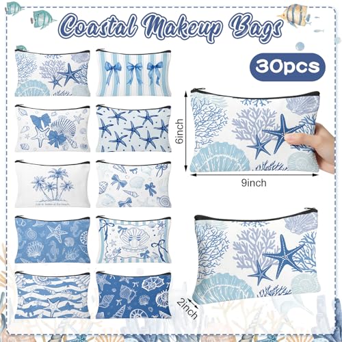 Ocean Variation Coastal Makeup Bags 30 Pack Blue Seashell & Bow Cosmetic Pouches