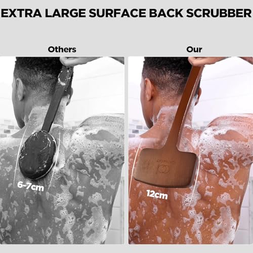 ICANdOIT Natural Boar Bristle Back Scrubber Bath Brush Set with Exfoliating Glove & Curved Bamboo Handle