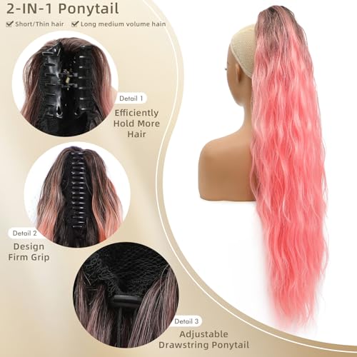 Long Wavy Ponytail Extension 30 Inch Pink Curly Claw Clip Hair Accessory