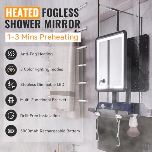 LED Shower Mirror Fogless for Shaving - Heated Fog Free, 3 Dimmable Lights, 360¡Æ Adjustable, Rechargeable, Drill Free - with Storage Tray, Razor & Shaving Brush Holders,Gifts for Men