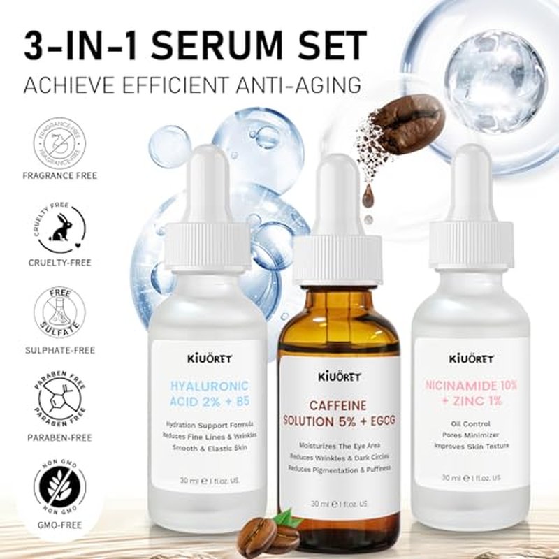 Advanced Face Serum Set 3 PCS - 5% Caffeine Solution + Niacinamide + Hyaluronic Acid Serums - Anti-Aging Serum Reduces Wrinkles, Minimizes Pores & Firming, Improves Texture for All Skin Types