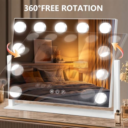 Moonee 17x13-Inch White Vanity Mirror with Lights, 360° Swivel & Dimmable LED