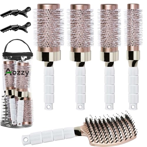 Ceramic Round Blowout & Boar Bristle Hair Brush Set for Styling & Detangling