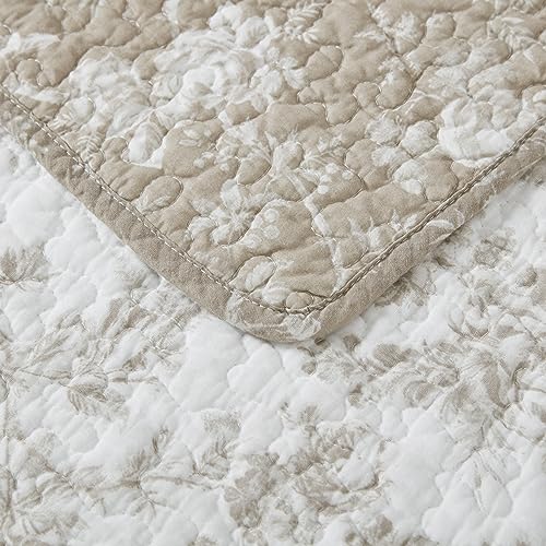 Queen Quilt Set with Matching Shams - Reversible Floral Cotton Bedding - Walled Garden Brown