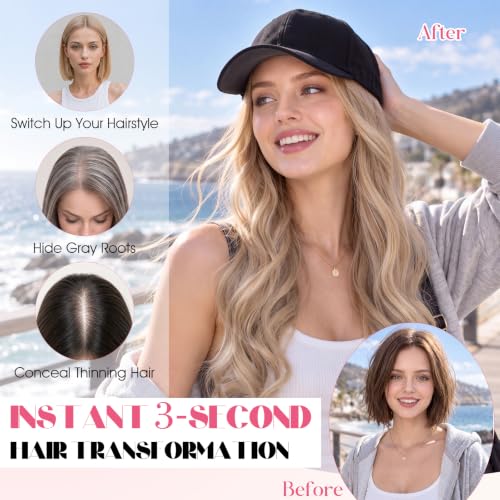 16-Inch Curly Hair Baseball Cap Wig with Hair Extensions - Sandy Blonde & Bleach Blonde Variation