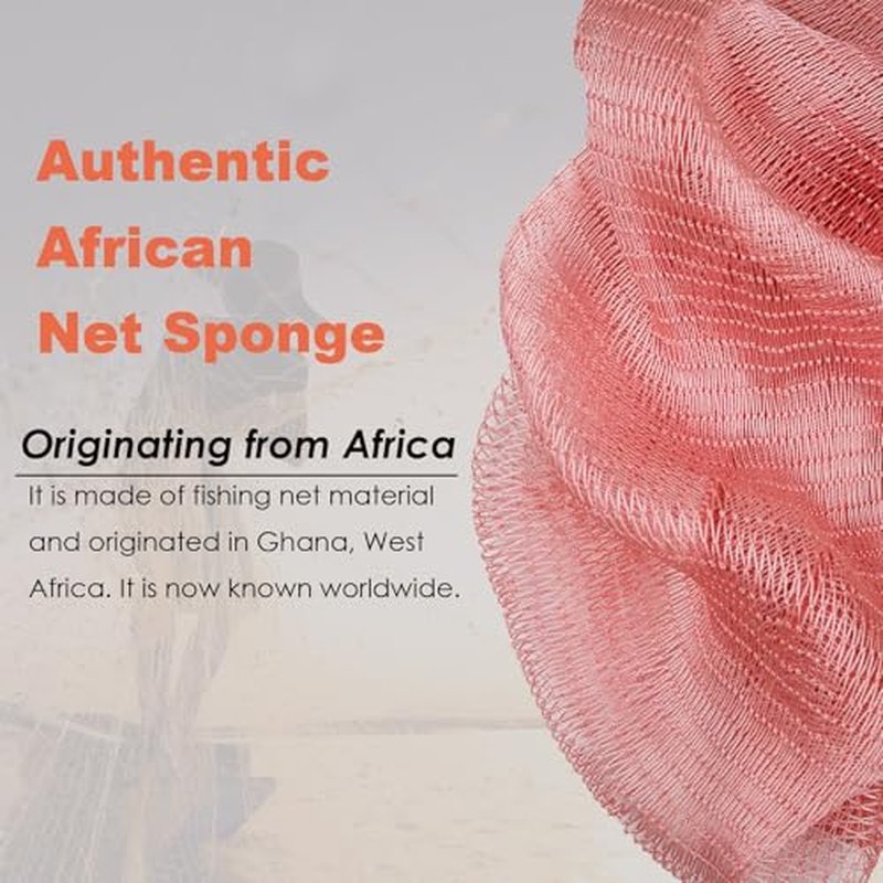 African Net Sponge Authentic African Exfoliating Net Sponge with Knots Real Sapo Sponge with Handles Afro Scrub Net Bath Cloth for Shower (Pink)