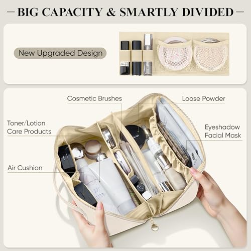 Large Travel Makeup Bag - Open Flat Cosmetic Organizer for Women - Beige, MSTONAL