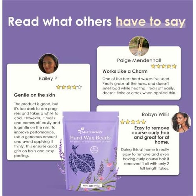 Lavender - Wax Beads for Hair Removal - Natural & Hypoallergenic Formula - Stripless Refillable 2LB - Ideal for At-Home Use and Sensitive Areas