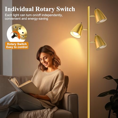 Brushed Gold Tree Floor Lamp with 3 Adjustable Arms & LED Bulbs - Tall Standing Reading Light