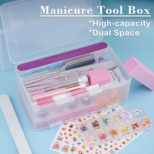 Plastic Storage Personal Box for Nail, 2 Pack Double-Layer Nail Implement Storage Box Organizer Case Manicure Tool Box for Nail Pedicure Supply Tools (C-clear-2pcs)