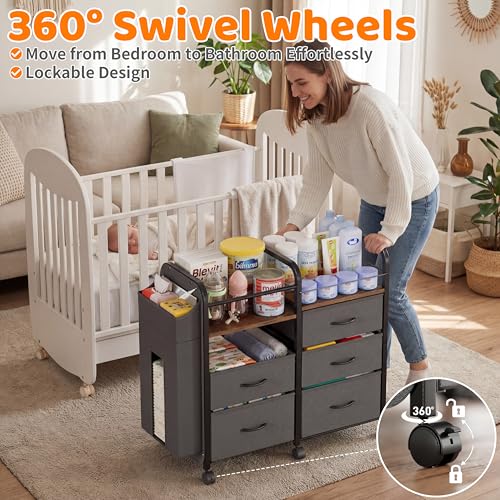 Baby Diaper Caddy Organizer Cart with Drawers & Side Pouch - Nursery Storage